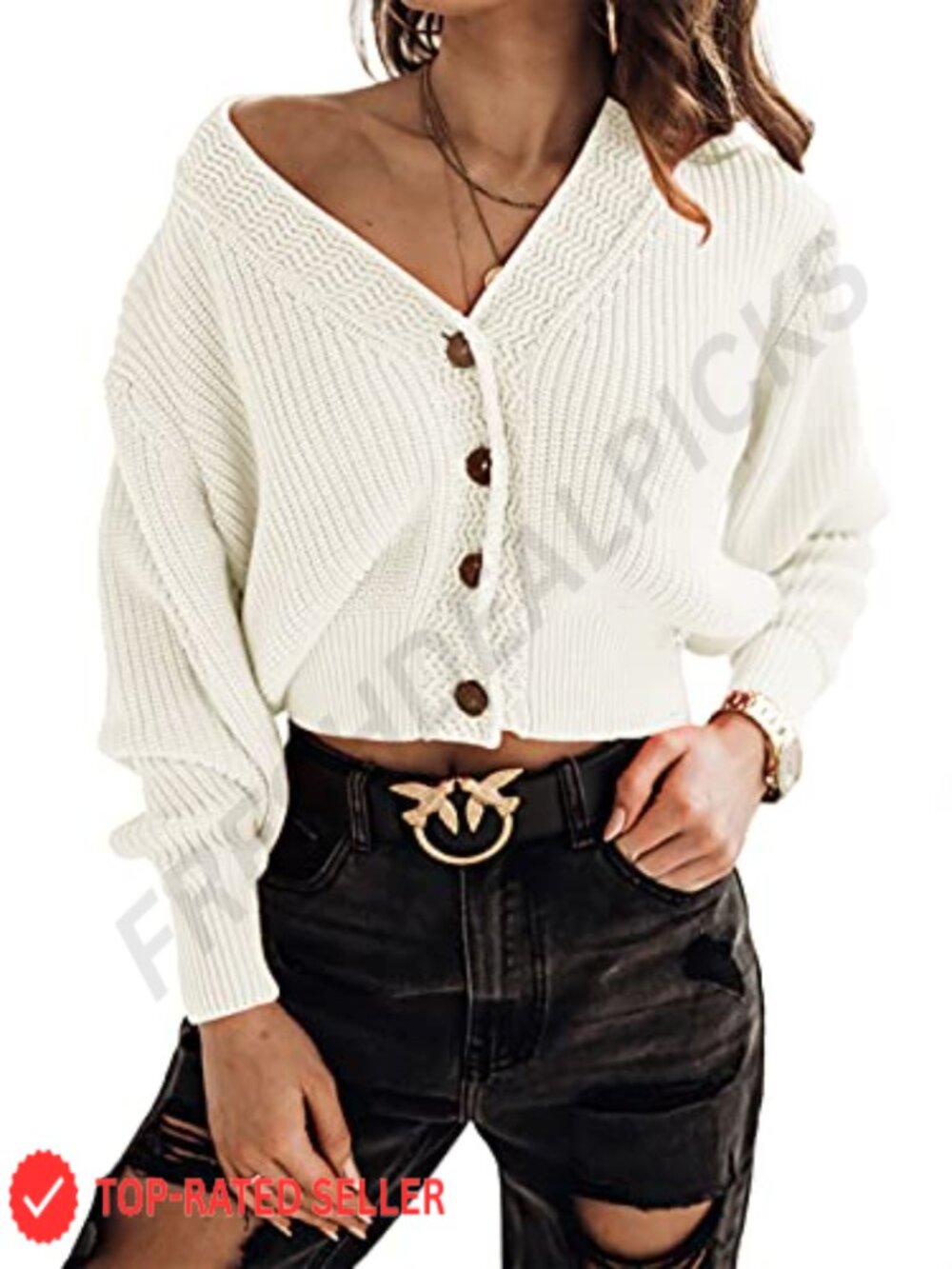 Oversized Cropped Cardigan Chunky Knit V-Neck Button Front Sweater